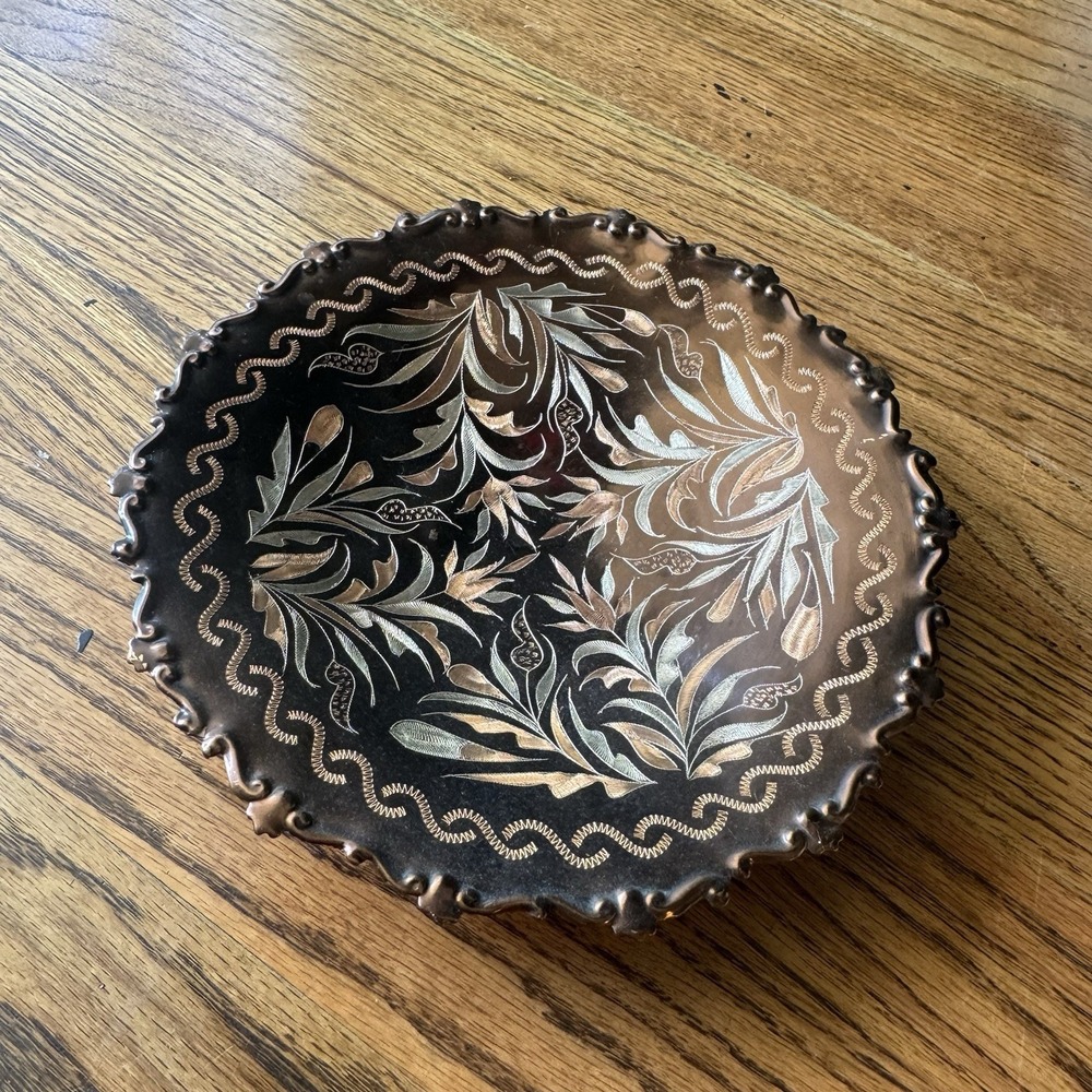 Vintage Copper Footed Bowl | Hand-Etched Boho Floral Dish | Artist Signed - Picture 3 of 13